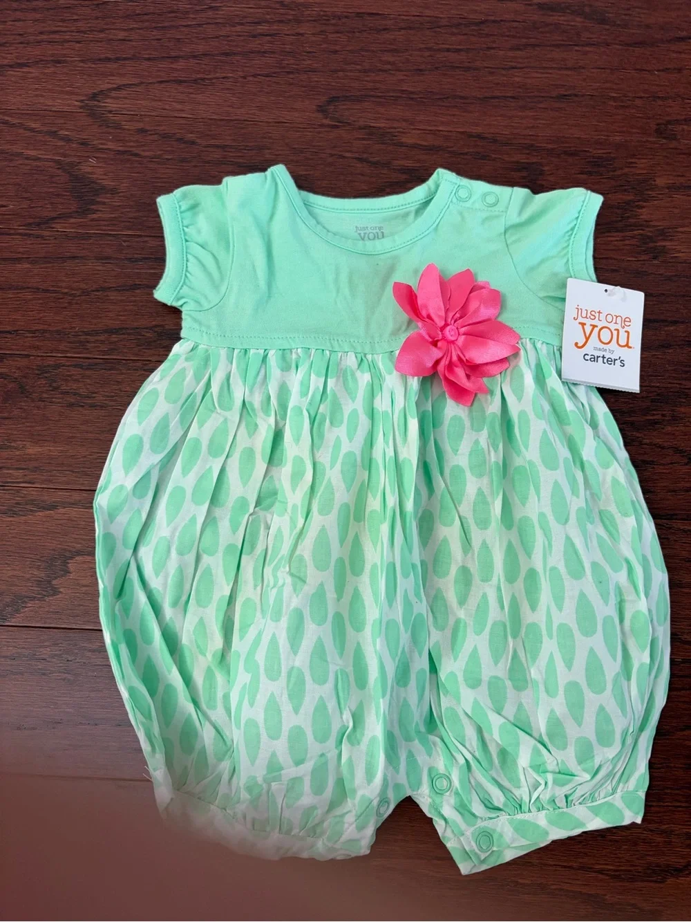 NWT Carter's Mint Green Bubble Romper with Pink Flower Accent